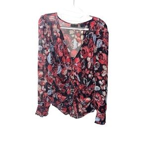 New York & Company Red and Black Wrap Blouse